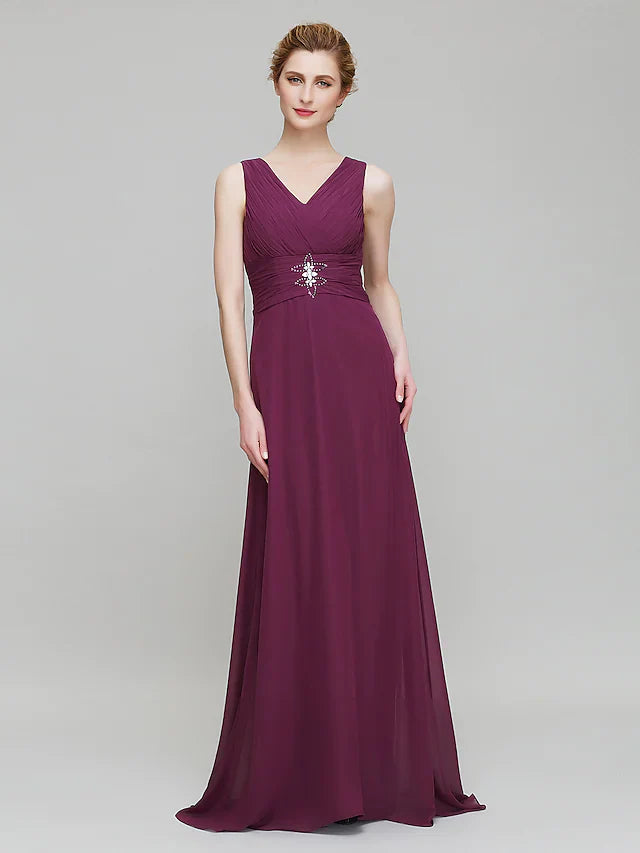 Wholesale Mother of the Bride Dress V Neck Floor Length Chiffon 3/4 Length Sleeve with Criss Cross Crystals