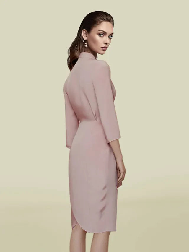 Wholesale Mother of the Bride Dress Elegant V Neck Knee Length Charmeuse Length Sleeve with Sash Ribbon Pleats