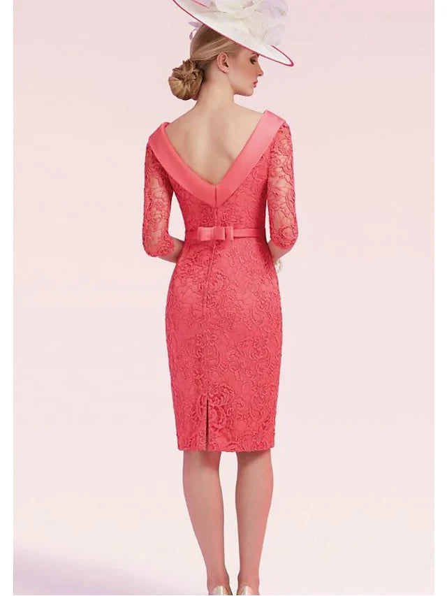 Wholesale Mother of the Bride Dress Plus Size Bateau Neck Knee Length Lace Satin Half Sleeve with Sash Ribbon Bow(s) Split Front