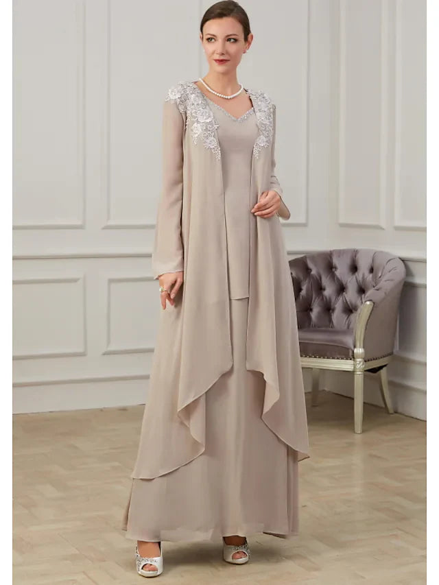 Wholesale A-Line Mother of the Bride Dress Elegant Jewel Neck Floor Length Polyester Long Sleeve with Appliques