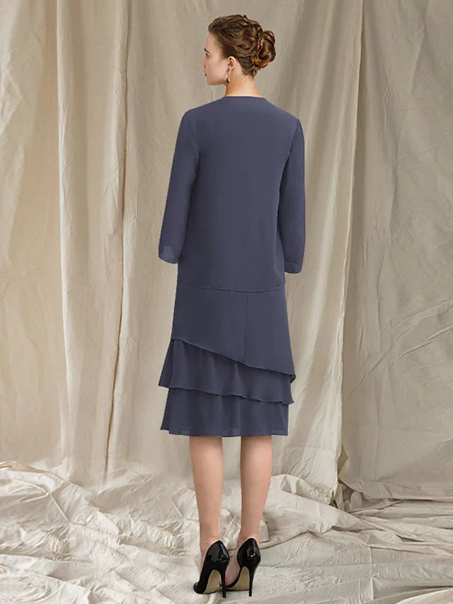 Wholesale Two Piece A-Line Mother of the Bride Dress Elegant Wrap Included Jewel Neck Knee Length Chiffon Sleeveless with Ruched Ruffles