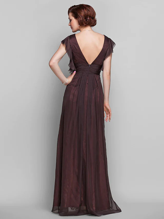 Wholesale Mother of the Bride Dress Beautiful Back V Neck Floor Length Chiffon Short Sleeve with Criss Cross Ruched Draping
