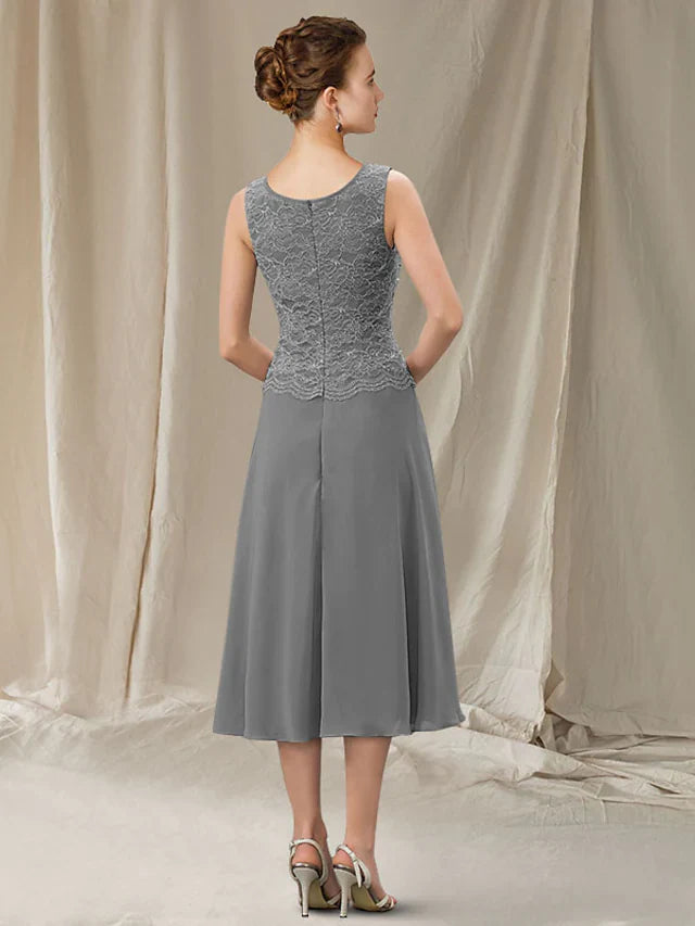 Wholesale Two Piece A-Line Mother of the Bride Dress Elegant Jewel Neck Tea Length Chiffon Lace Sleeveless with Sequin