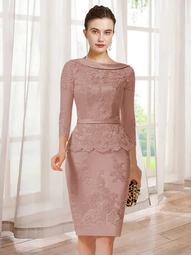 Wholesale Mother of the Bride Dress Elegant Jewel Neck Knee Length Lace Charmeuse 3/4 Length Sleeve with Appliques