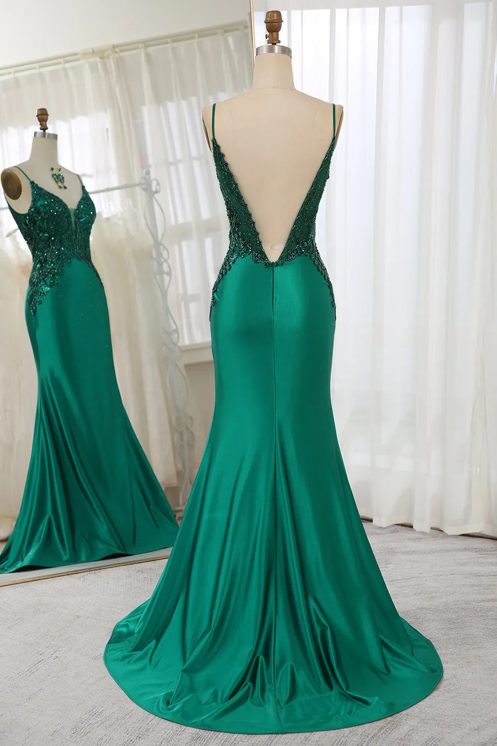 Wholesale Dark Green Spaghetti Straps Mermaid Satin Prom Dress With Appliques prom dresses with long sleeves