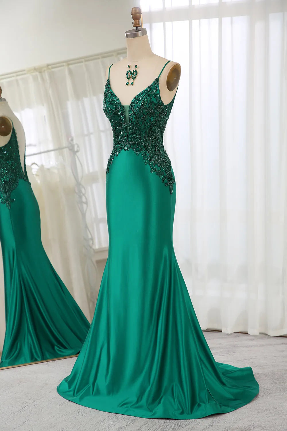 Wholesale Dark Green Spaghetti Straps Mermaid Satin Prom Dress With Appliques prom dresses with long sleeves
