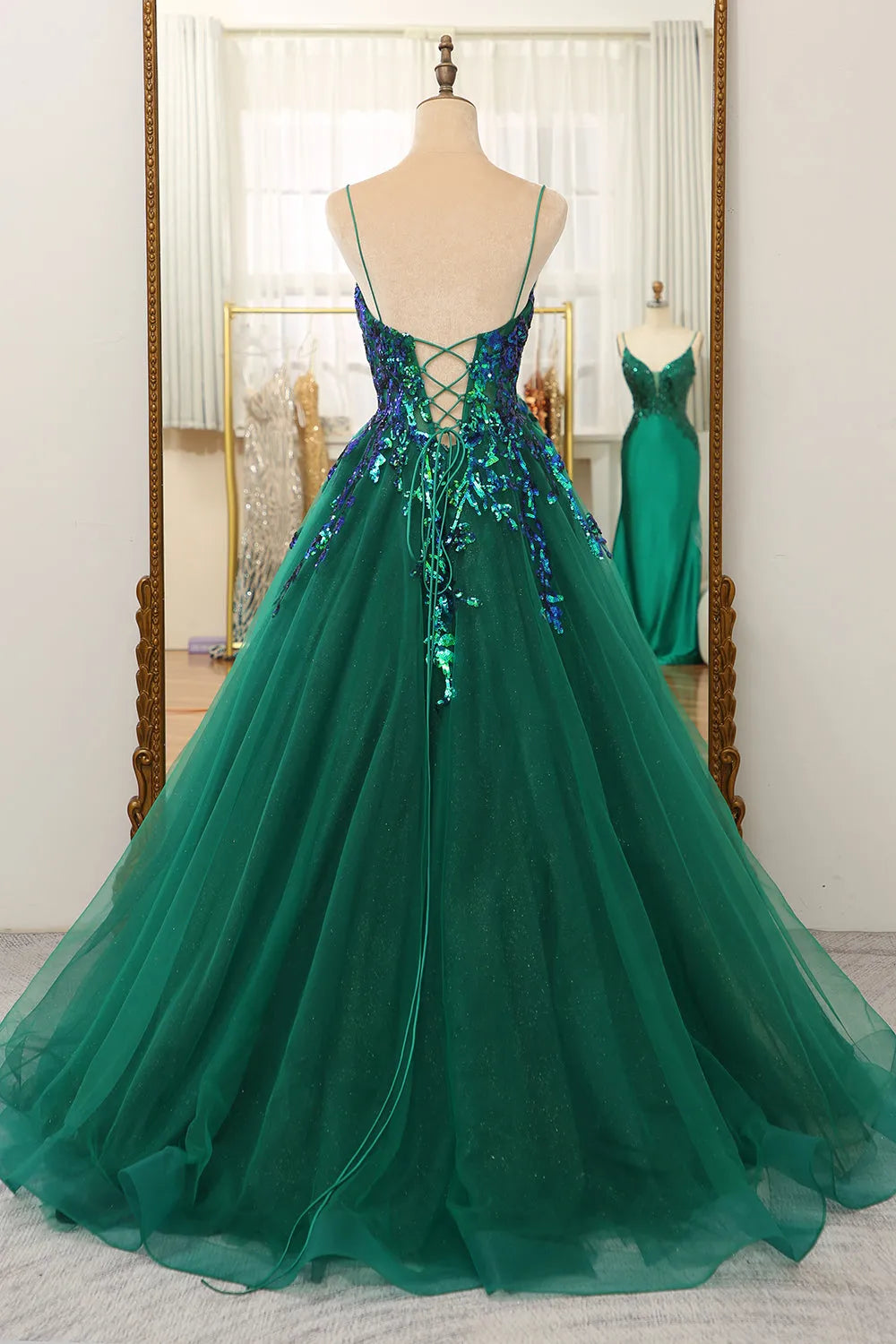 Wholesale Glitter Dark Green A-Line Tulle Spaghetti Straps Long Prom Dress With Sequin prom dresses with long sleeves