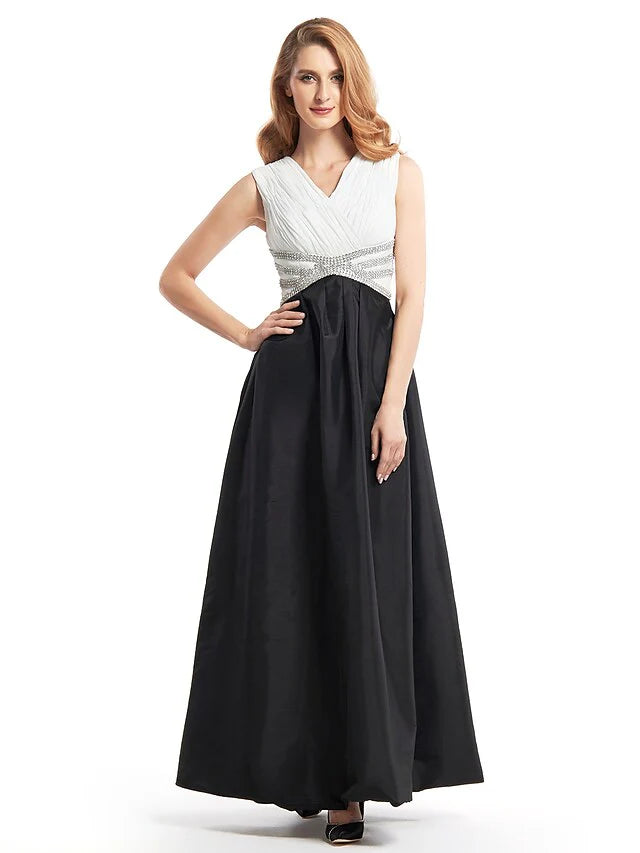 Wholesale A-Line Mother of the Bride Dress Color Block V Neck Ankle Length Chiffon Taffeta Sleeveless with Criss Cross Beading