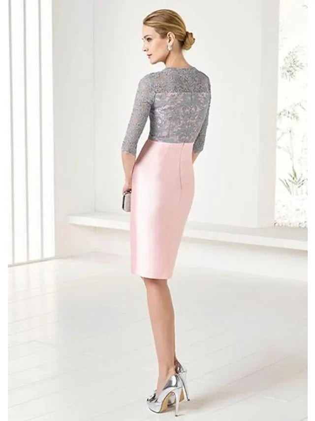 Wholesale Mother of the Bride Dress Wrap Included Jewel Neck Knee Length Lace Satin 3/4 Length Sleeve with Lace