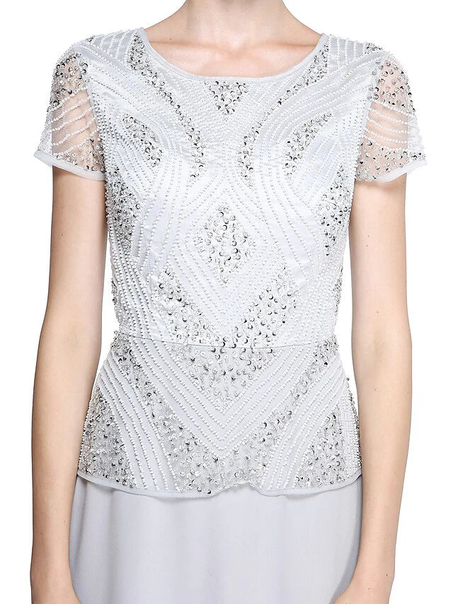 Wholesale Mother of the Bride Dress Jewel Neck Floor Length Chiffon Short Sleeve with Beading Sequin