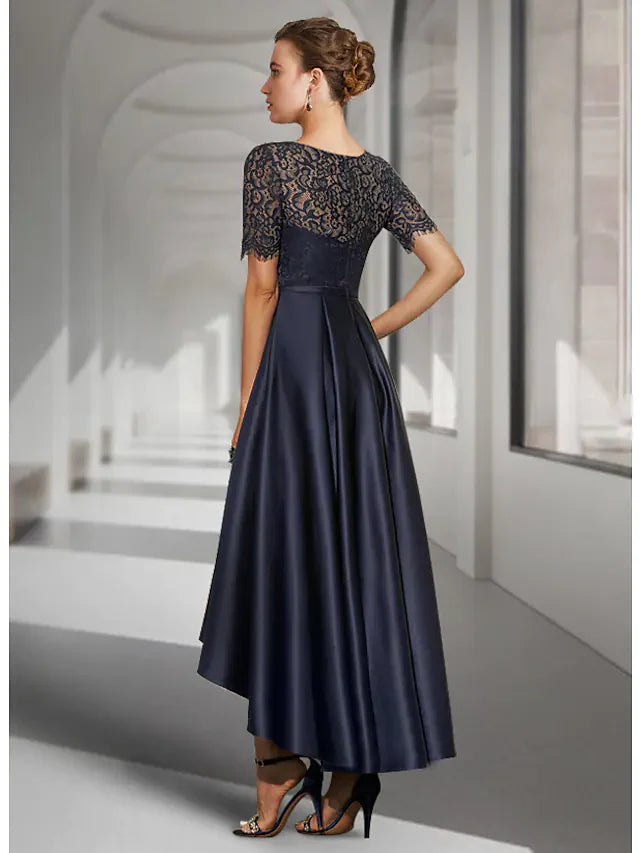 Wholesale A-Line Mother of the Bride Dress Elegant Jewel Neck Asymmetrical Lace Satin Short Sleeve with Pleats