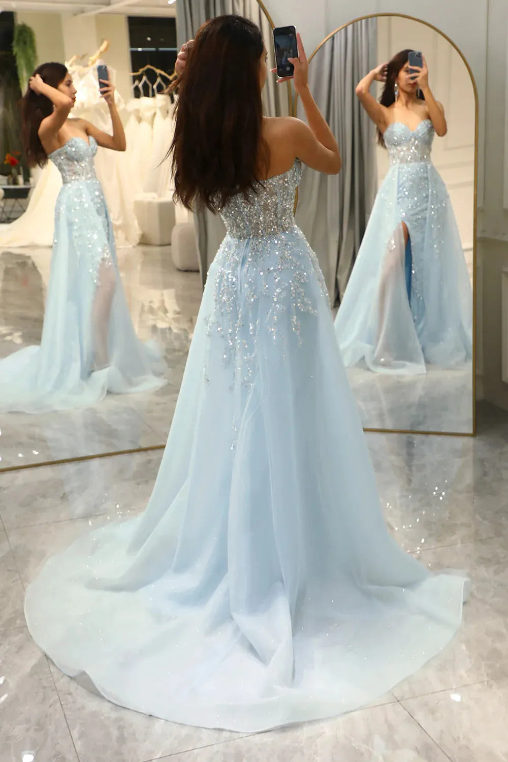 Wholesale Luxurious Glitter Light Blue Long Corset Prom Dress With Sweep Train prom dresses shops
