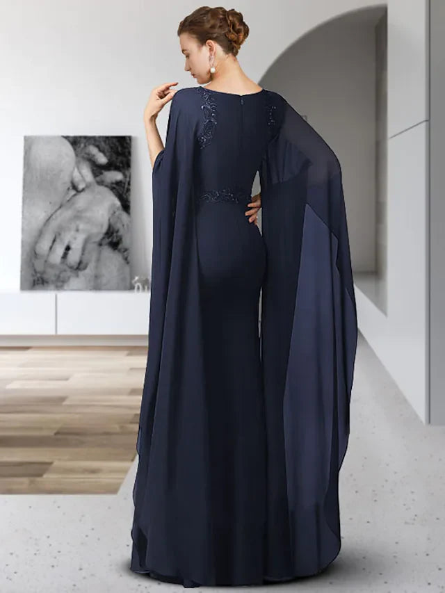 Wholesale Mother of the Bride Dress Elegant Jewel Neck Floor Length Chiffon Long Sleeve with Sash Ribbon Appliques