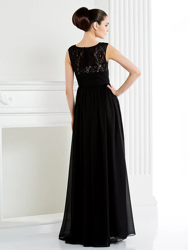 Wholesale A-Line Mother of the Bride Dress Scoop Neck Floor Length Chiffon Lace Sleeveless with Lace