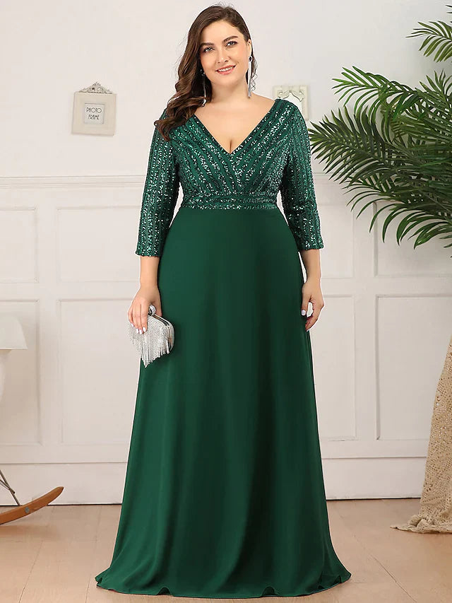 Wholesale Mother of the Bride Dress Plus Size Elegant V Neck Floor Length Polyester 3/4 Length Sleeve with Sequin