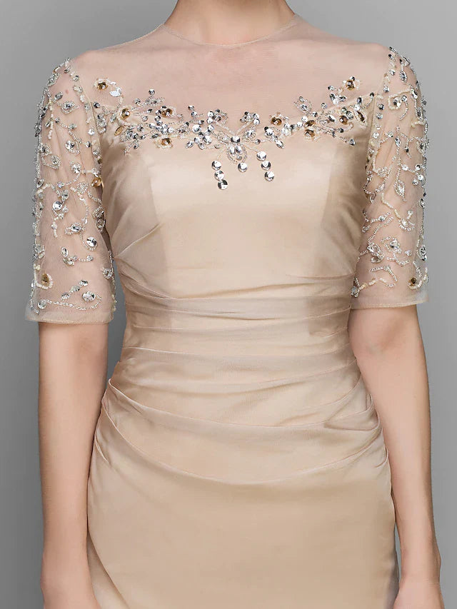 Wholesale A-Line Mother of the Bride Dress Vintage Inspired Jewel Neck Ankle Length Chiffon Half Sleeve with Ruched Beading