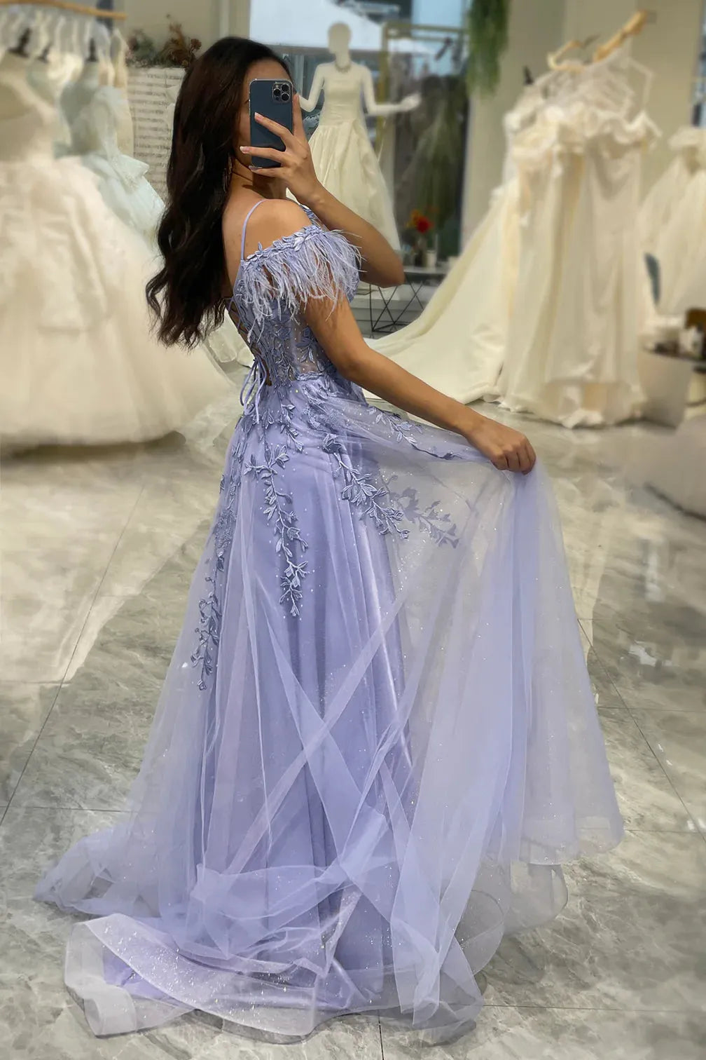 Wholesale Lilac A Line Feather Off The Shoulder Long Tulle Prom Dress With Appliques prom dresses shops