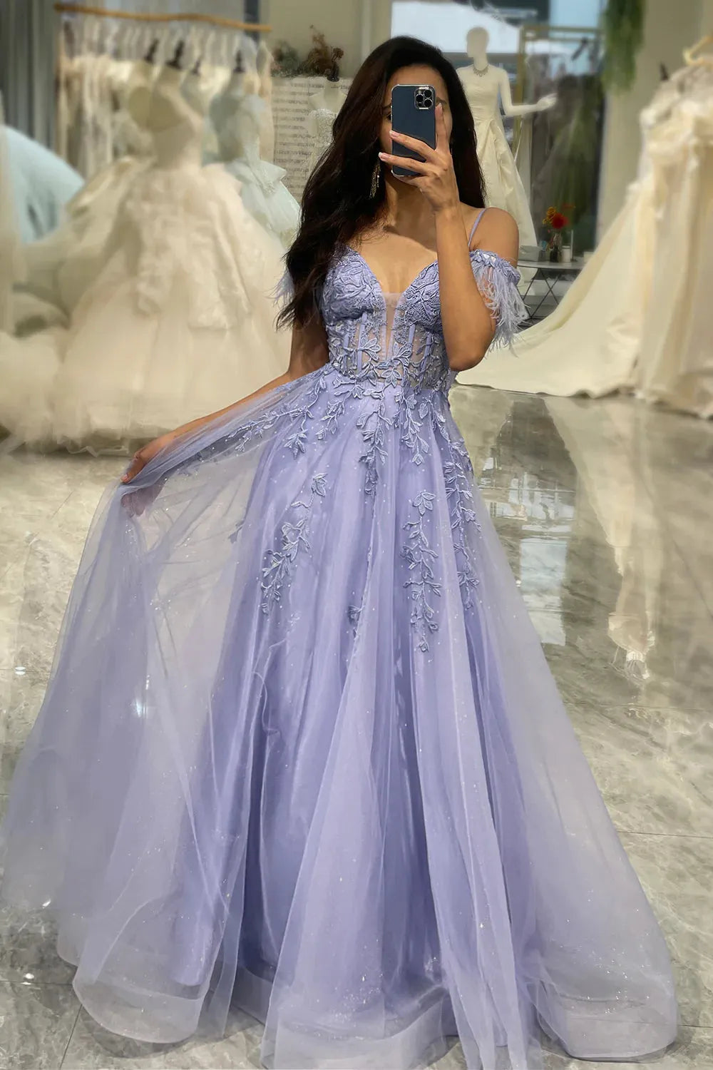 Wholesale Lilac A Line Feather Off The Shoulder Long Tulle Prom Dress With Appliques prom dresses shops