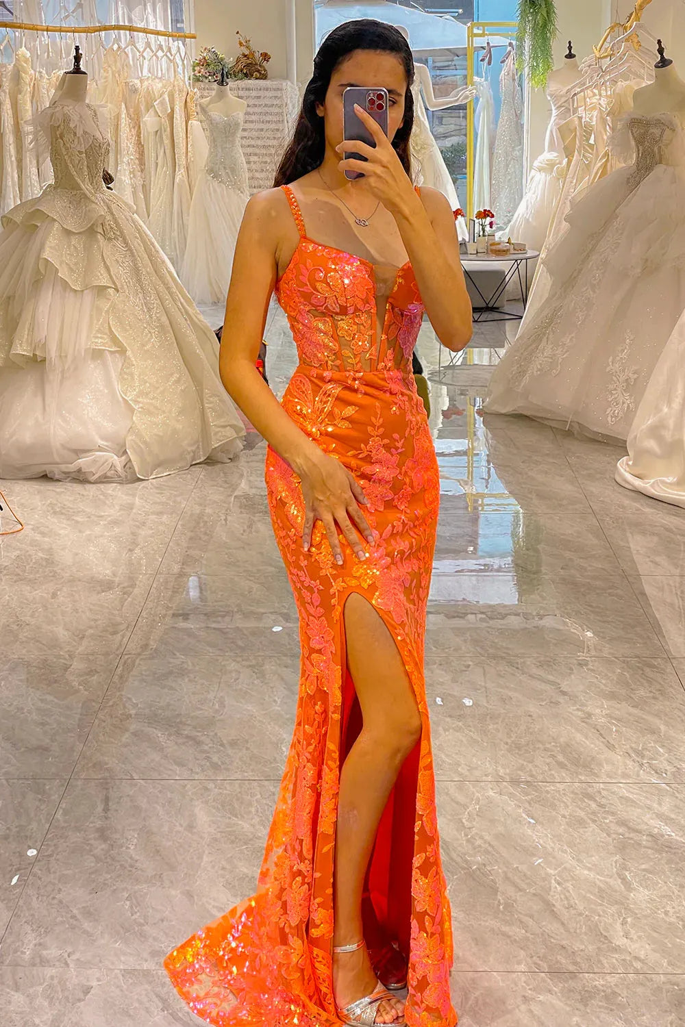 Wholesale Glitter Sequin Orange Mermaid Long Corset Prom Dress With Slit prom dresses with long sleeves