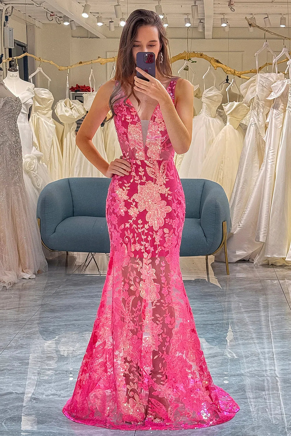 Wholesale Sparkly Hot Pink Deep V-Neck Long Mermaid Prom Party Dress With Appliques prom clothing