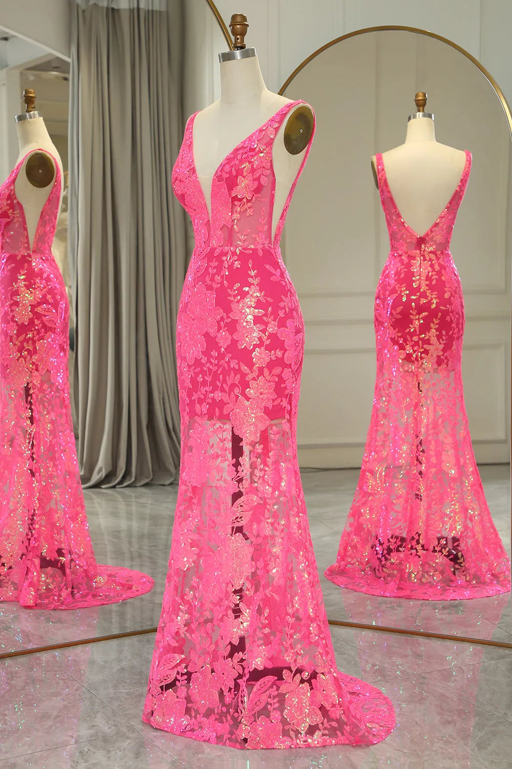 Wholesale Sparkly Hot Pink Deep V-Neck Long Mermaid Prom Party Dress With Appliques prom clothing