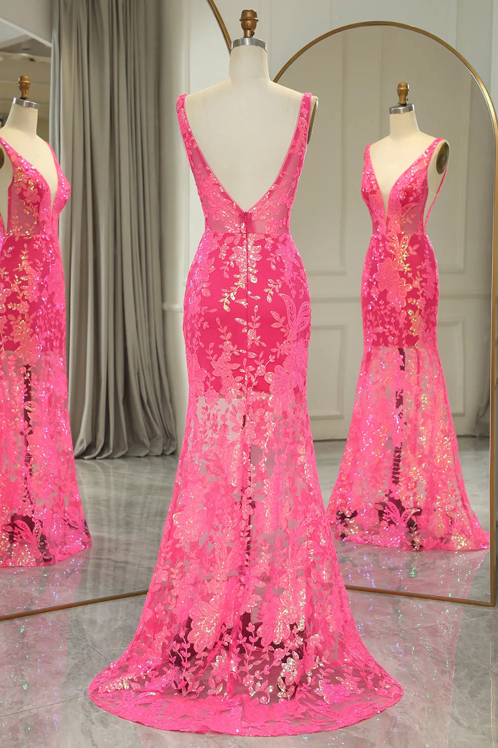 Wholesale Sparkly Hot Pink Deep V-Neck Long Mermaid Prom Party Dress With Appliques prom clothing