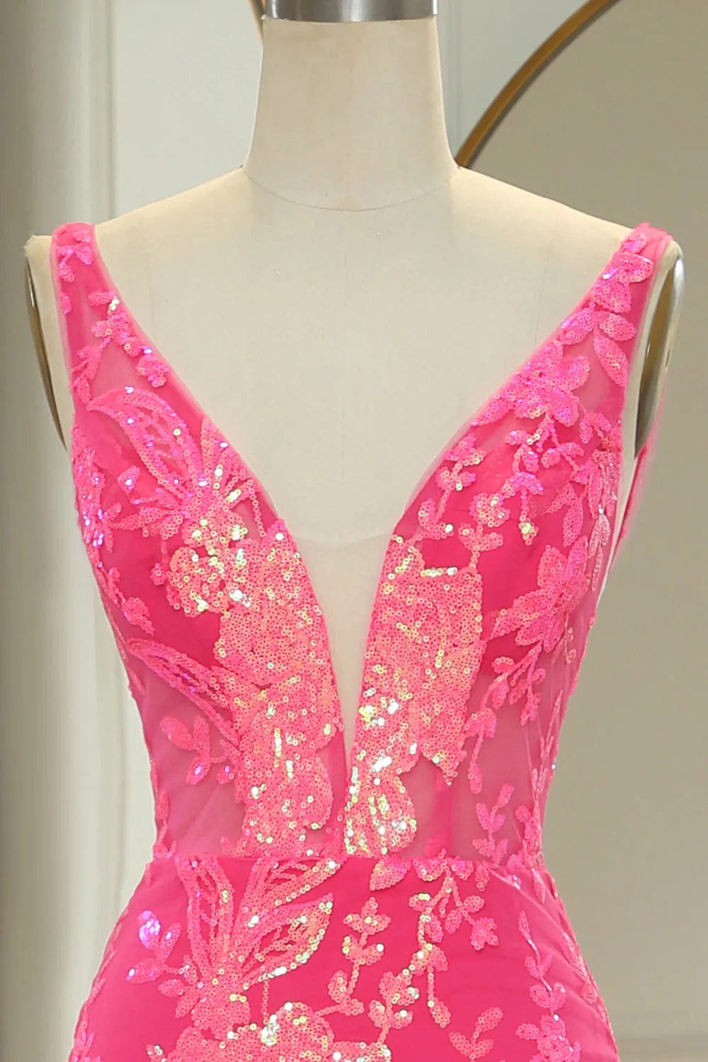 Wholesale Sparkly Hot Pink Deep V-Neck Long Mermaid Prom Party Dress With Appliques prom clothing