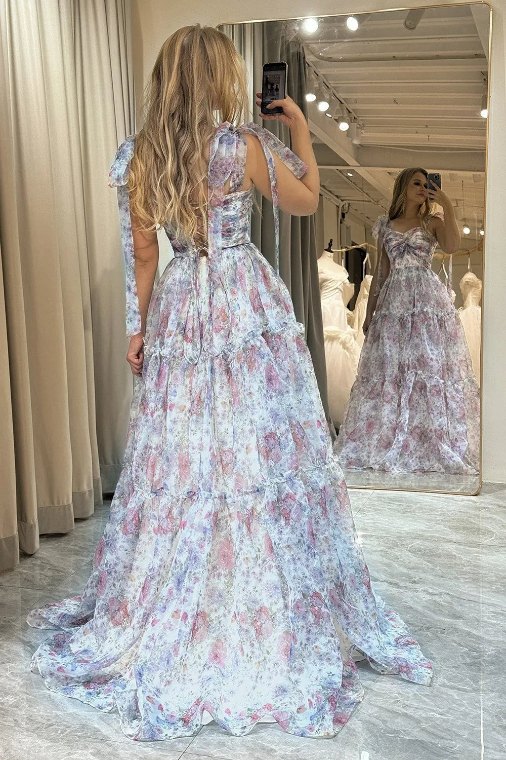 Wholesale Floral Print A-Line Tie Straps Lace Up Long Tulle Prom Party Dress prom clothing