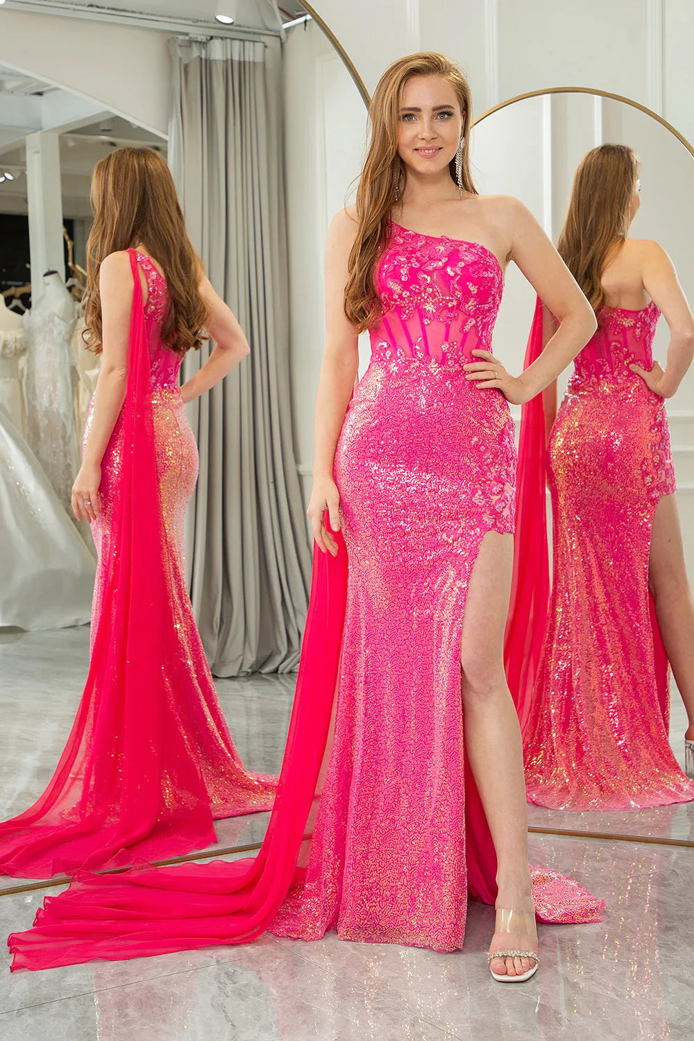 Wholesale Sparkly Fuchsia Mermaid One Shoulder Long Corset Prom Dress With Shawl prom dresses shops