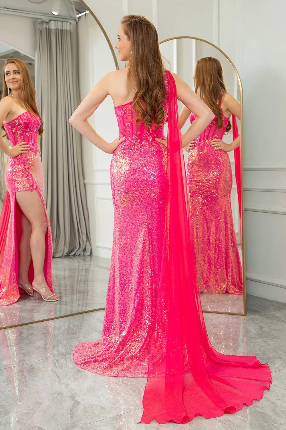 Wholesale Sparkly Fuchsia Mermaid One Shoulder Long Corset Prom Dress With Shawl prom dresses shops
