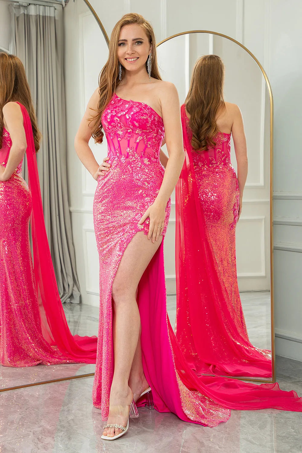 Wholesale Sparkly Fuchsia Mermaid One Shoulder Long Corset Prom Dress With Shawl prom dresses shops