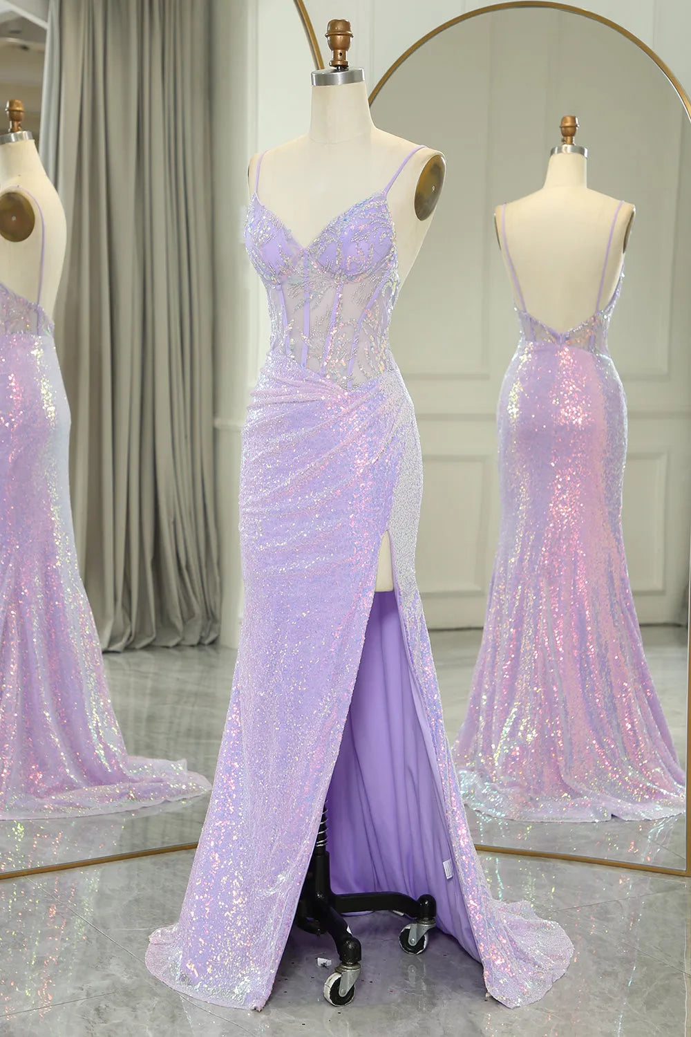 Wholesale Glitter Light Purple Mermaid Backless Long Corset Prom Dress With Slit prom dresses shops