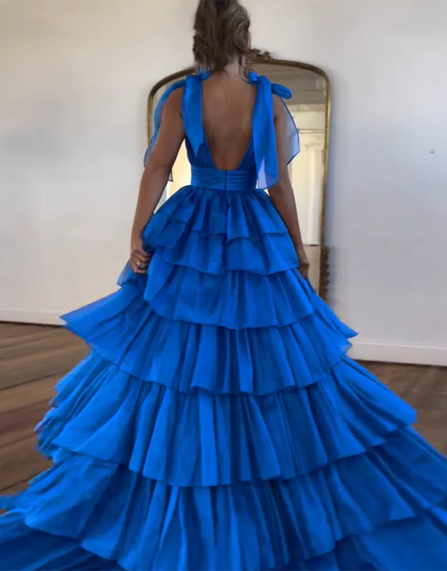 Wholesale Royal Blue Princess A-Line Deep V-Neck Long Tiered Prom Party Dress prom clothing