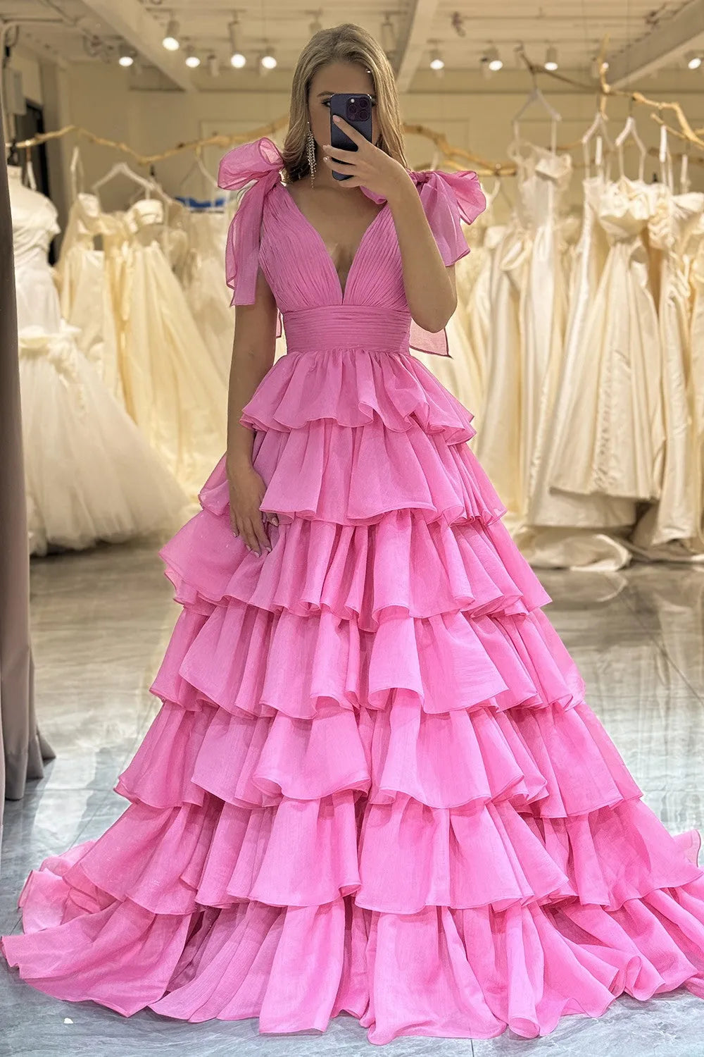 Wholesale Hot Pink Princess A-Line Deep V-Neck Long Tiered Prom Party Dress prom clothing