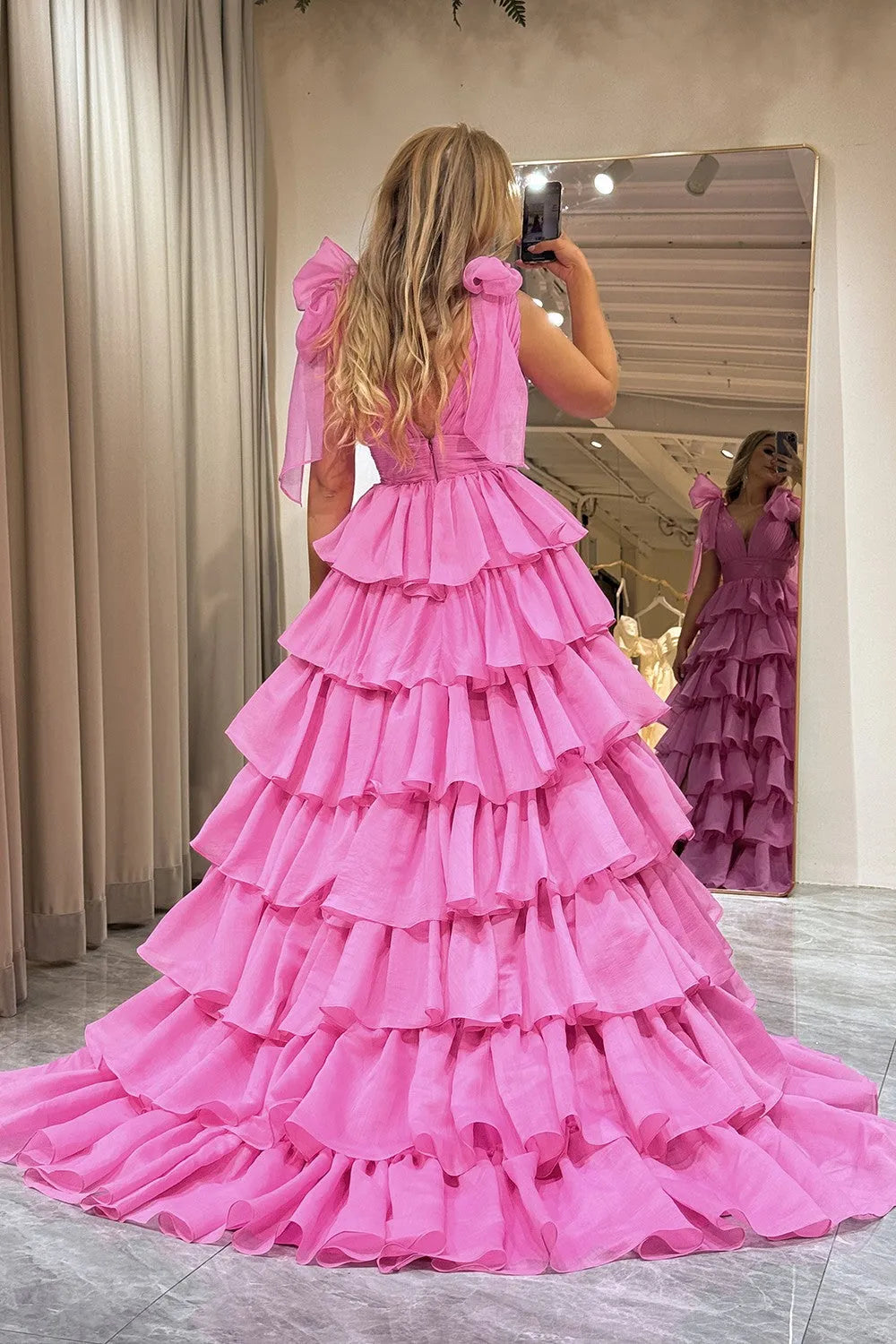 Wholesale Hot Pink Princess A-Line Deep V-Neck Long Tiered Prom Party Dress prom clothing
