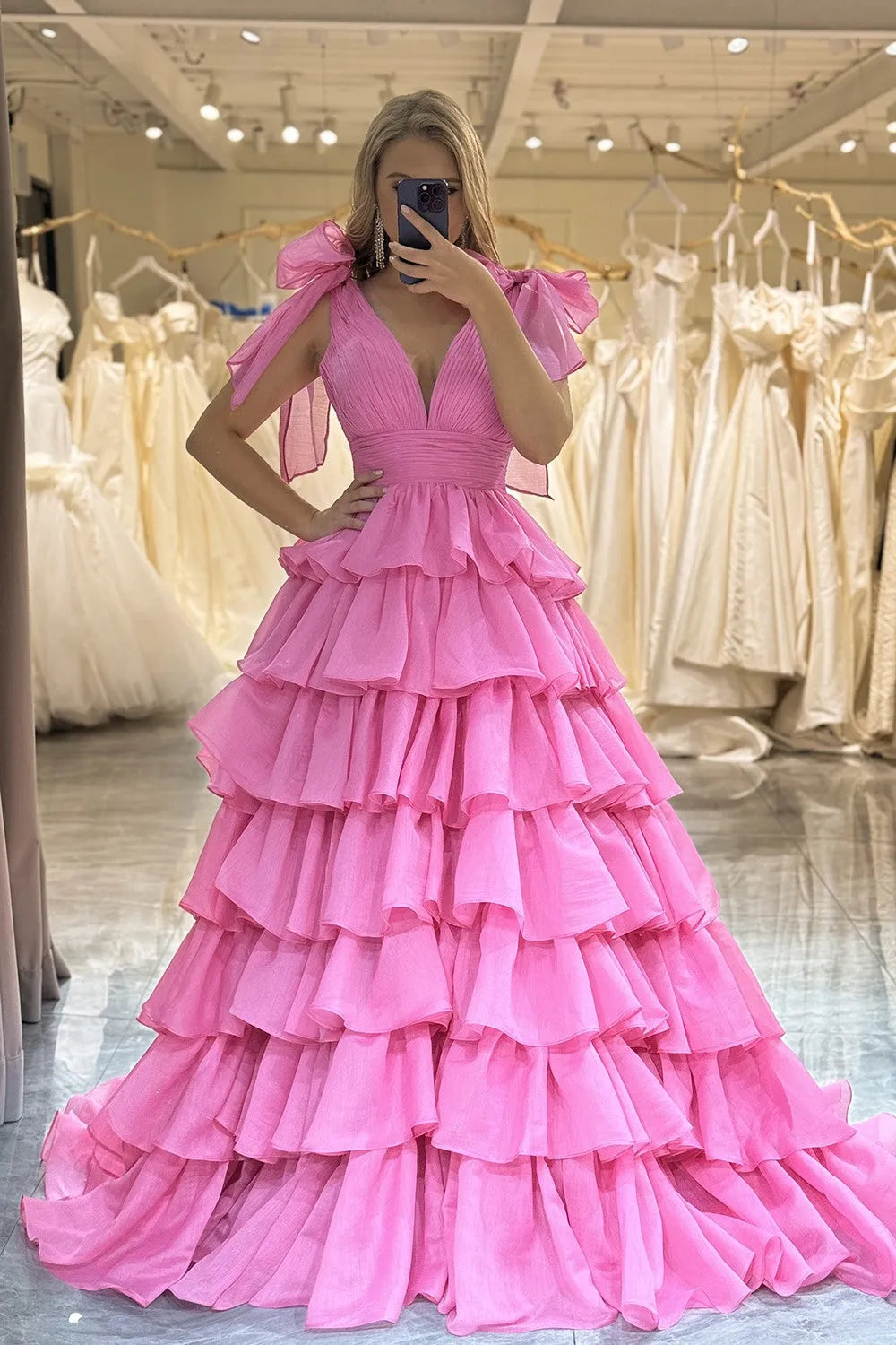 Wholesale Hot Pink Princess A-Line Deep V-Neck Long Tiered Prom Party Dress prom clothing