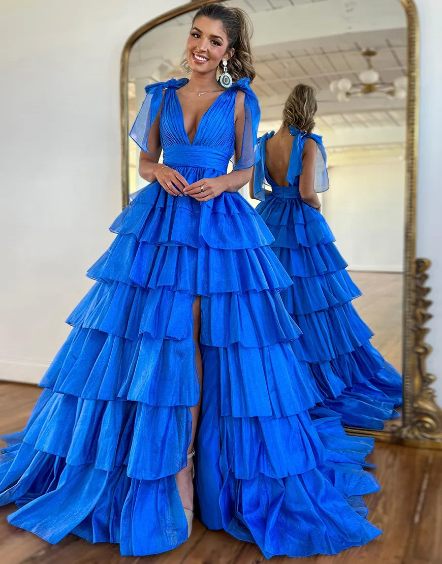 Wholesale Royal Blue Princess A-Line Deep V-Neck Long Tiered Prom Party Dress prom clothing