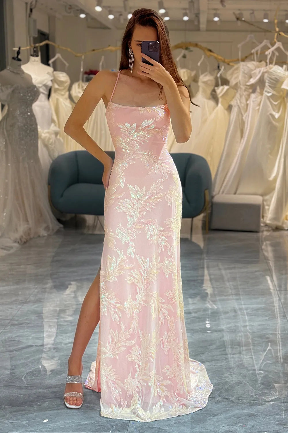 Wholesale Sweet Pink Spaghetti Straps Lace Up Long Mermaid Prom Dress With Split