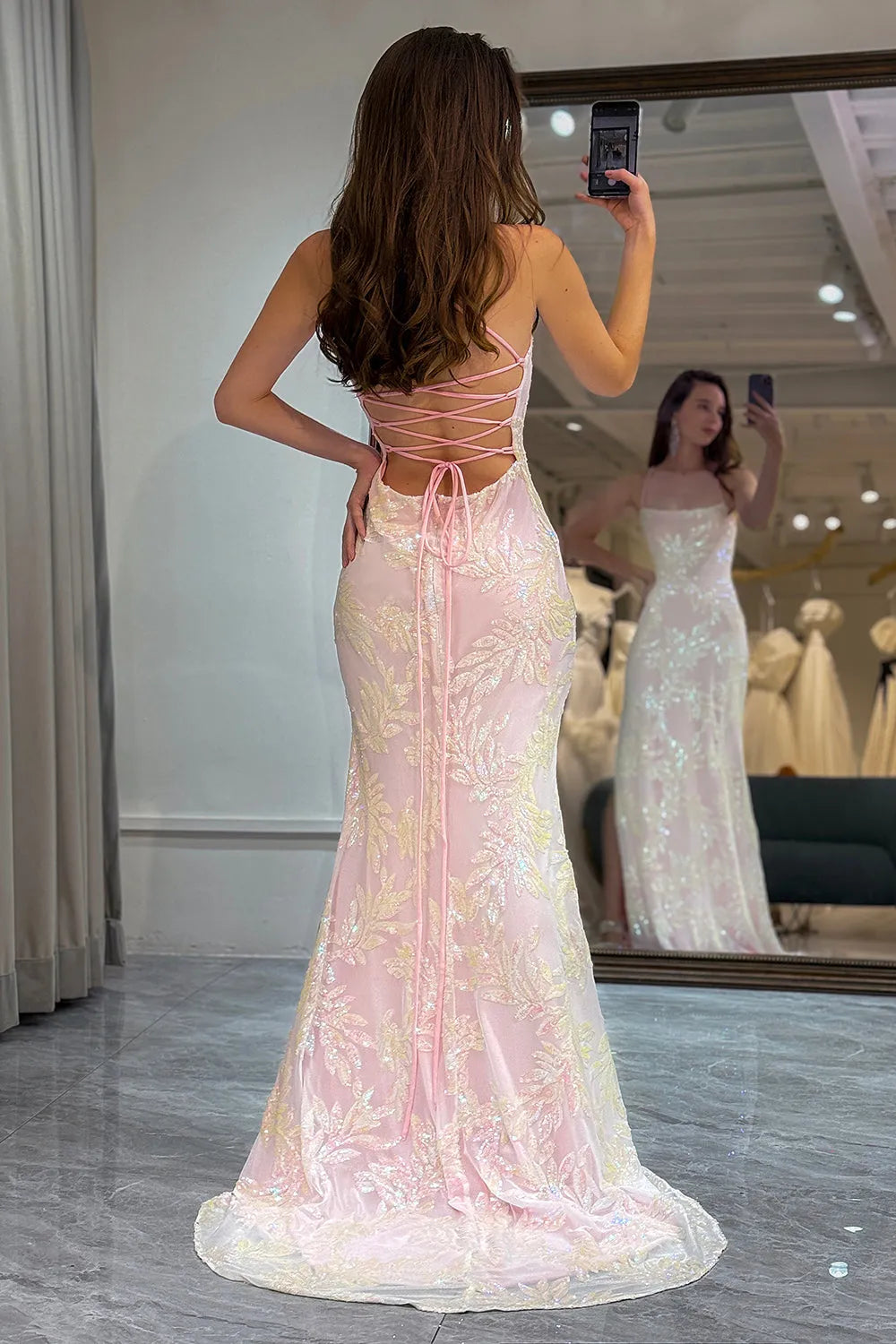 Wholesale Sweet Pink Spaghetti Straps Lace Up Long Mermaid Prom Dress With Split