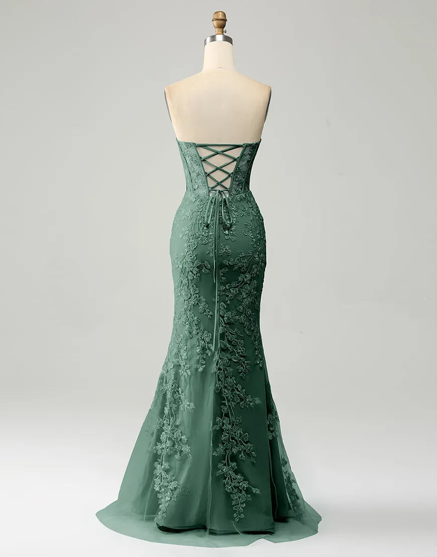 Wholesale Dark Green Mermaid Sweetheart Lace Up Long Prom Dress With Appliques prom dresses shops