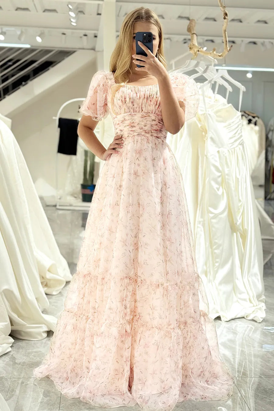 Wholesale Champagne A-Line Square Neck Floor Length Prom Dress With Short Sleeves