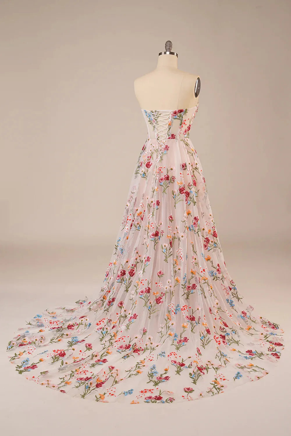 Wholesale A-Line Strapless Sweep Train Tulle Prom Dress with Embroidery