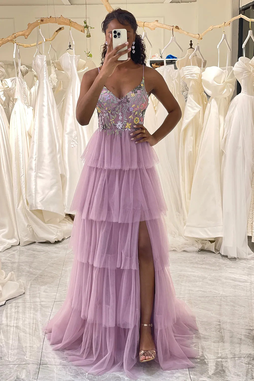 Wholesale Mauve A-Line Long Tiered Tulle Prom Dress With Embroidery prom dresses with long sleeves