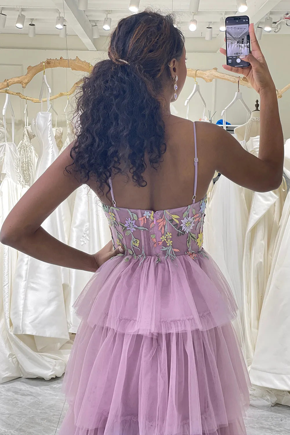 Wholesale Mauve A-Line Long Tiered Tulle Prom Dress With Embroidery prom dresses with long sleeves