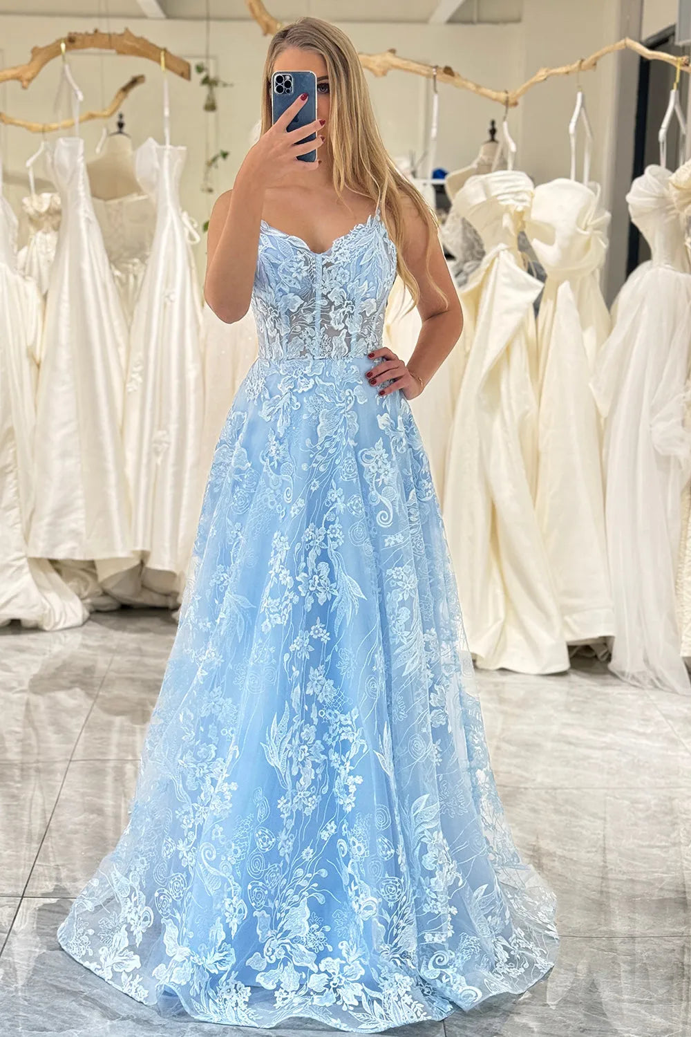 Wholesale Pretty Sky Blue A Line Long Corset Prom Dress With Appliques
