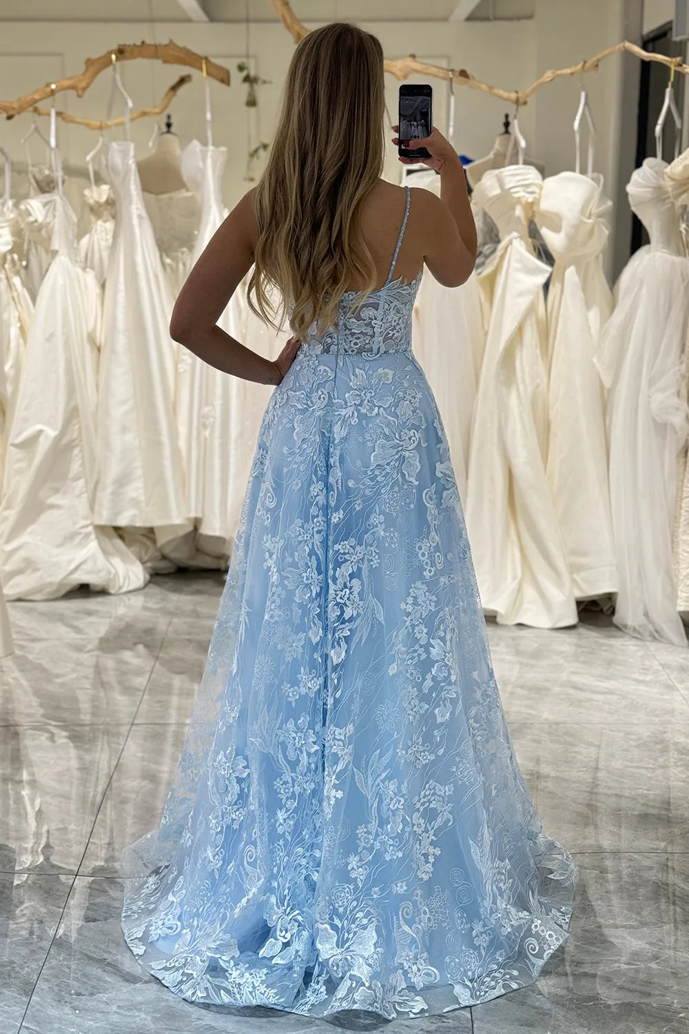 Wholesale Pretty Sky Blue A Line Long Corset Prom Dress With Appliques
