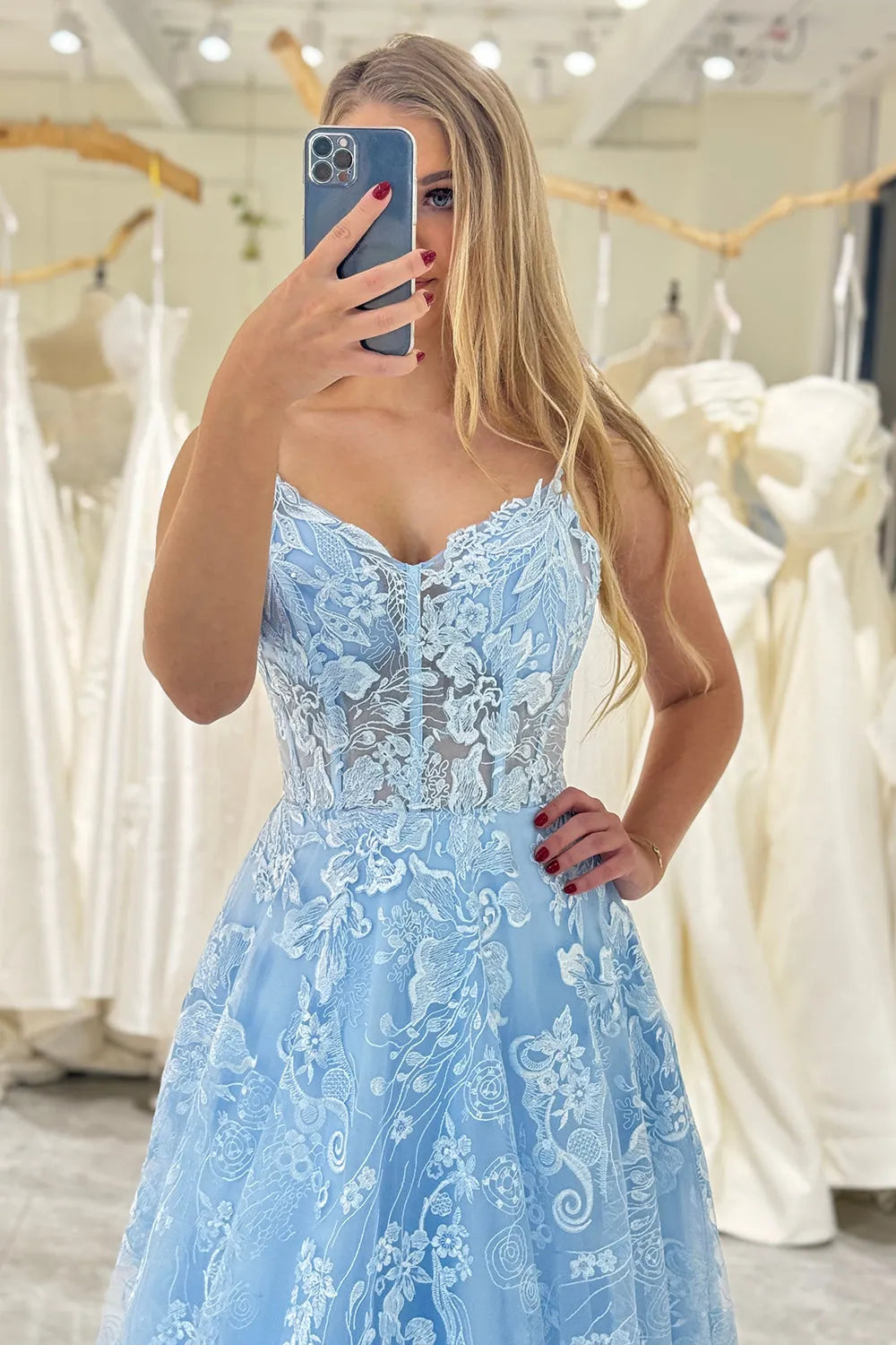 Wholesale Pretty Sky Blue A Line Long Corset Prom Dress With Appliques