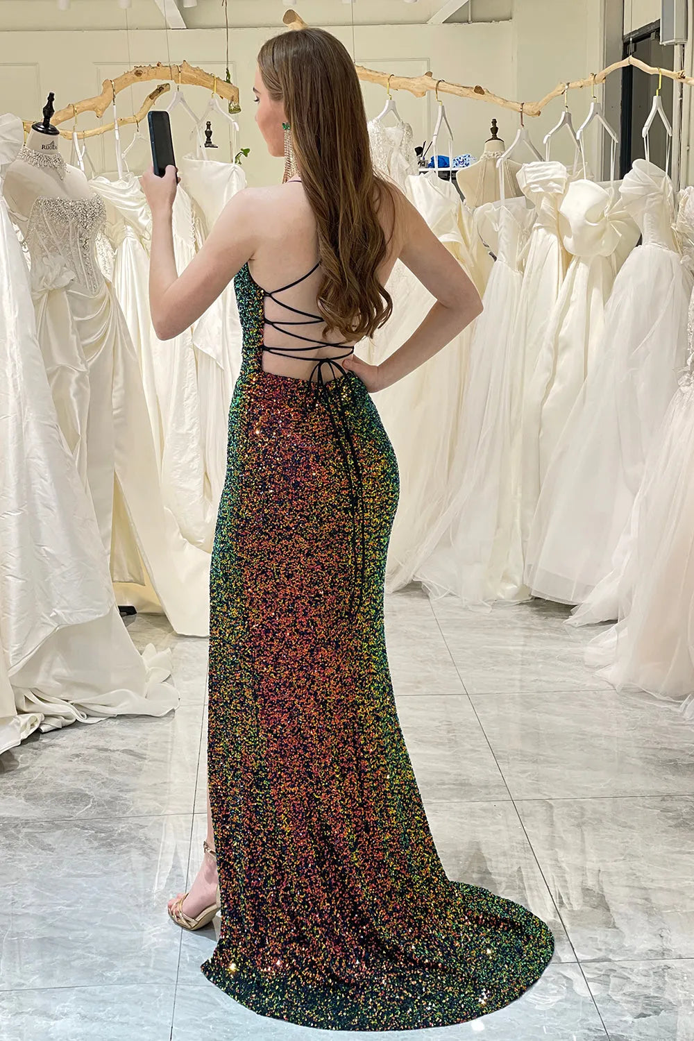 Wholesale Sparkly Green Sequins Spaghetti StrapLace Up Long Prom Dress With Slit prom dresses shops