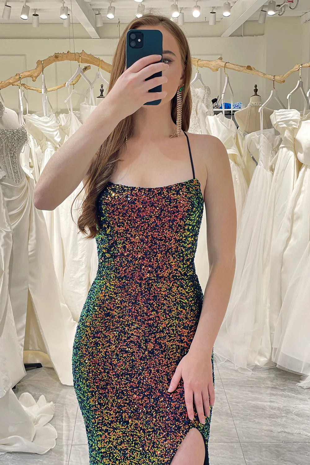 Wholesale Sparkly Green Sequins Spaghetti StrapLace Up Long Prom Dress With Slit prom dresses shops