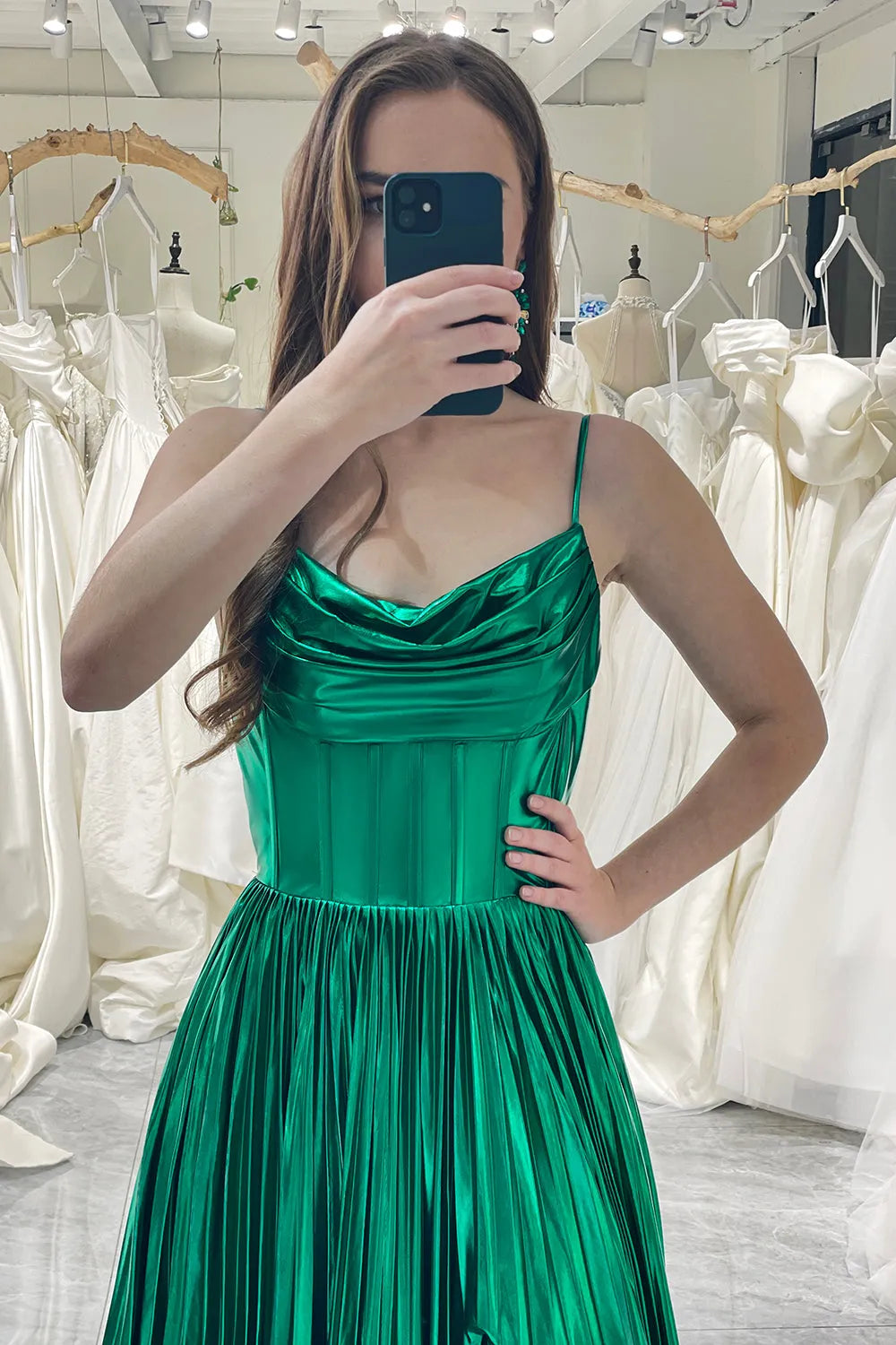 Wholesale Glitter Dark Green A Line Spaghetti Straps Long Metallic Prom Dress With Slit prom dresses shops
